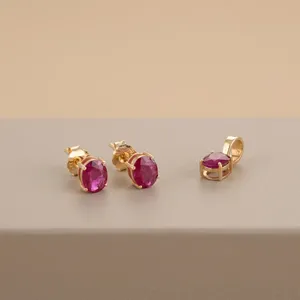 Nuevo y Moderno Juego de Pendientes y Colgante de Rubí 100% Natural de Alta Calidad, Forma Ovalada, Oro Amarillo Sólido de 18k, Regalo Único y Moderno - Product Image 4