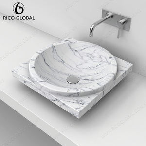 Lavabo de Mármol Redondo Pulido Blanco con Vetas Negras, Lavabo de Baño de Montaje Superior, Diseño Minimalista - Product Image 4