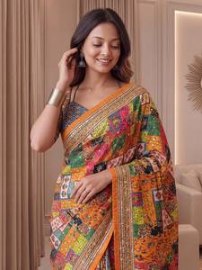 Sari Tradicional Indio de Seda con Estampado Digital y Parches Multicolores para Bodas y Eventos Festivos para Mujer - Product Image 6