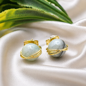 <b>Emerald</b> Wire Wrap Earrings 8mm | Round Green Gemstone <b>Studs</b> | Dainty Birthstone Jewelry - Product Image 1