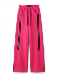Pantalon de survêtement rose en coton mi-lourd à jambe large, taille élastique avec cordon de serrage, rayures latérales, style sportif, respirant, pour homme, collection automne - Product Image 3