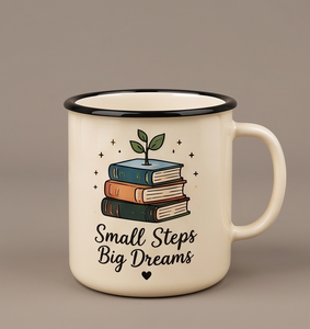 Inspirational Quote Metal Camp Cup Custom Logo Printing Heavy Duty Iron Enamel Mug Featuring Stacked Books and Growing Sprout - Product Image 4