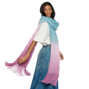 Écharpe longue en tricot ombré pour femme avec franges, dégradé rose-bleu, style décontracté pour l'automne, châle léger en acrylique - Product Image 3