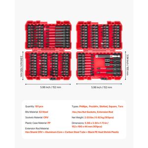 Set di 101 Pezzi di Punte Magnetiche per Cacciavite con Attacchi Phillips, Pozidriv, a Taglio, Quadrati, Torx, Esagonali e Bussole con Asta di Prolunga - Product Image 3