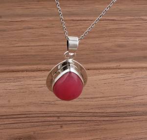 Pendentif en jade rose naturel, argent sterling 925 plaqué platine, collier avec breloques vintage, bijoux fins faits à la main, unisexe, vente en gros - Product Image 2