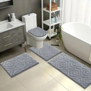 Modern Geometric Chenille Bath <b>Mat</b> <b>Set</b> 3-Piece Rectangle Non-Slip Rubber Backing Thick Plush Home Use Machine Washable - Product Image 6