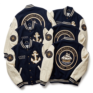 Blouson universitaire Direct Source en laine et cuir avec broderie carte du monde et écusson rose de la boussole, manteau Letterman bleu marine - Product Image 2