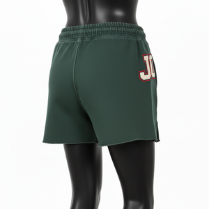 Shorts en molleton de coton et polyester pour femme, couleur verte, ourlet brut, broderie chenille, appliqué, logo personnalisé. - Product Image 6