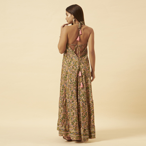 Vestido Maxi Boho con Estampado Floral, Cuello Halter, Sin Mangas, Corte en A, Cintura Imperio, Transpirable, con Borlas Tejidas, Vestido Casual de Verano para la Playa - Product Image 4