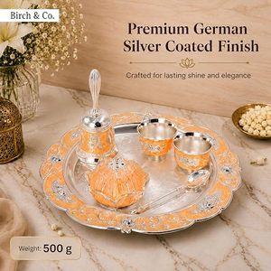 Ensemble de thali religieux plaqué argent avec deux tasses et couvercle, plateau circulaire en métal pour usage cérémoniel, design durable - Product Image 3
