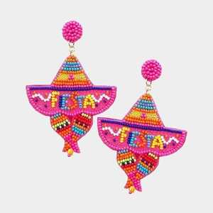 Boucles d'oreilles pendantes en forme de piment rouge de dessin animé avec design perlé Sombrero, bijoux de fête bohèmes pour femmes - Product Image 5