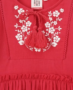 ERIA MUMA Girls Red Long Sleeve Embroidered Floral <b>Printed</b> O-Neck Puff Sleeve A-Line <b>Mini</b> Cotton Spring Casual Cute Style - Product Image 2
