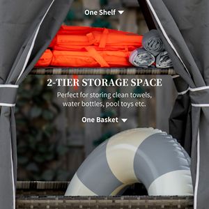 Cesto porta asciugamani grigio in vimini PE effetto rattan con ruote per bordo piscina, con ripiano e cesto portaoggetti per asciugamani - Product Image 4