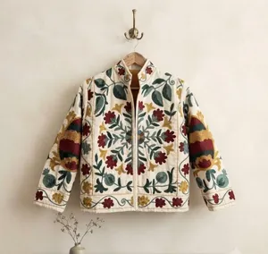 <b>Women</b> Ivory <b>Velvet</b> Suzani Embroidered <b>Jacket</b> with Floral Print Full Sleeve Stand Collar Bohemian <b>Women's</b> Autumn Outerwear - Product Image 1