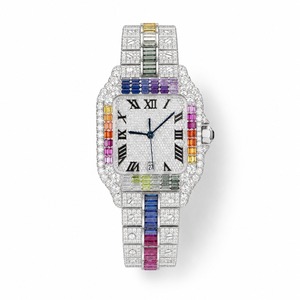 Reloj de lujo unisex rectangular con diamantes y pulsera de piedras preciosas de colores, movimiento de cuarzo analógico, esfera con números romanos, cristal de zafiro, 44 mm - Product Image 1