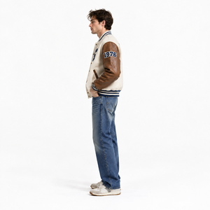 <b>Mens</b> Premium Melton Wool Varsity <b>Jacket</b> Breathable Genuine <b>Leather</b> Sleeves Vintage Letterman Style for <b>Brown</b> Custom OEM - Product Image 3