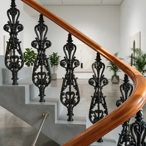 Panneau de rampe d'escalier en fer forgé orné, décorations en volutes, meneaux et balustres métalliques décoratifs pour rénovation d'escalier intérieur - Product Image 2
