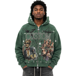 Sweat à capuche zippé pour homme, style vintage élégant, avec graphiques et clous en strass, coupe oversize, streetwear, en molleton, fournisseur OEM en gros - Product Image 1