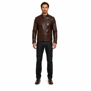Premium <b>Men's</b> Slim Minimalist Dark Brown Moto <b>Jacket</b> 0.8mm Goatskin <b>Leather</b> Stand Collar Breathable Windproof Sustainable - Product Image 1