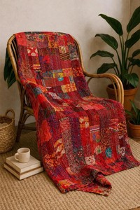 Indian Silk Throw Blanket <b>Handmade</b> Silk Kantha Bedspread Colorful Patchwork Kantha <b>Quilt</b> - Product Image 2