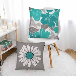 Set di 6 Copricuscini Moderni Turchese 18x18 Pollici, Fodere Decorative Grigio Teal con Motivo Floreale a Margherita per Divano - Product Image 3