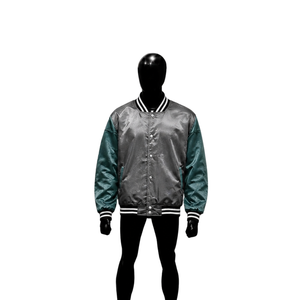 Chaqueta Varsity Personalizada en Gris y Verde Azulado Satinado, Chaqueta Bomber de Béisbol Premium Brillante con Mangas en Contraste y Rayas Blancas y Negras - Product Image 1