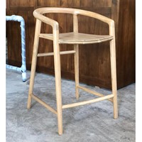 Chaise de bar moderne en teck massif avec accoudoirs courbes, finition naturelle, tabouret haut pour comptoir de cuisine, café, restaurant, mobilier