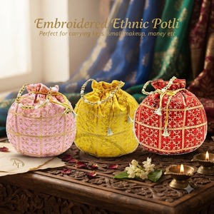 Wholesale Bulk Indian Ethnic Silk <b>Potli</b> <b>Bags</b> with Handcrafted Embroidery, Decorative Pearl Bead Handles, and Premium Drawstring - Product Image 3