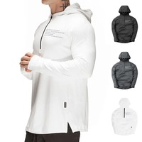 Sudadera con capucha de punto sólido para hombre, con cremallera de un cuarto, para gimnasio, ropa deportiva, de secado rápido, para correr, entrenar, trotar, fitness, tipo jersey.