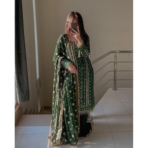 FANCY GEORGETTE SEQUENCE EMBROIDERY WORK <b>TOP</b> SHARARA with DUPATTA GREEN - Product Image 1