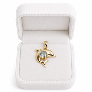 Natural Blue Topaz Dolphin Pendant Gold Tone Ocean Inspired Gemstone <b>Necklace</b> Handmade Marine Jewelry Gift for Women - Product Image 4