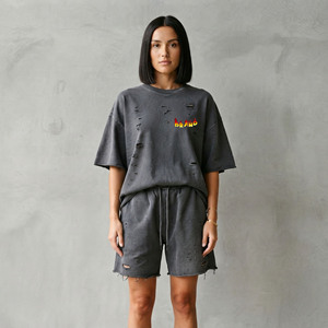 Conjunto de 2 piezas para mujer, OEM/ODM, 100% algodón, estilo hip-hop, oversize, vintage, lavado, manga corta. - Product Image 4