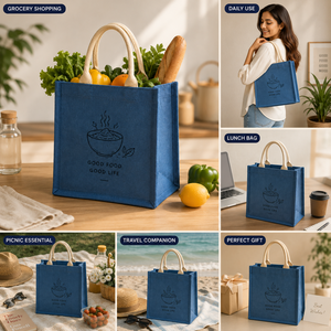 Bolsa de Almuerzo Azul de Yute, Ecológica, Duradera, Espaciosa, Ligera, para Oficina, con Estampado 'Good Food Good Life' - Product Image 3