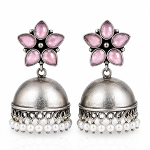 Boucles d'oreilles Jhumka en argent oxydé avec pierres roses, faites à la main, à franges de perles, bijoux ethniques de mode, vente en gros, fabricant - Product Image 1