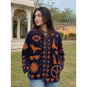 <b>Womens</b> <b>Navy</b> Blue Embroidered <b>Quilted</b> <b>Jacket</b> Boho Geometric Symbol Embroidery Knitted Eco-Friendly Ethnic Full Sleeve Fashion - Product Image 1