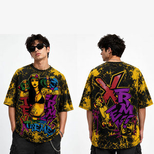 Camiseta Extra Grande para Hombre, Manga Corta, Cuello Redondo, Diseño de Graffiti y Skateboard, Estilo Urbano, Estampado Amarillo y Negro - Product Image 4