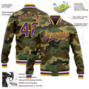 Custom <b>Camo</b> Purple Gold Black Varsity Letterman <b>Jacket</b> Wholesale Full Snap Bomber Unisex Salute to Service Team Sports Coat - Product Image 2