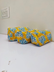 Quilted Reusable Fashion Zipper Cosmetic Bag Set Handmade Block Print Sponge Vanity <b>Case</b> Indian Cotton Travel Kit Craft Jaipur - Product Image 4