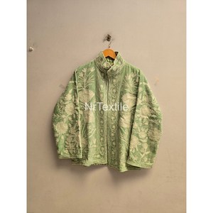 Blazer vert à col mandarin, manches longues, motif floral brodé à la main, veste en coton pour femme, saison printemps - Product Image 1