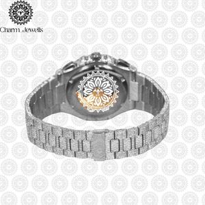 Montre de luxe pour homme Charm Jewells en acier inoxydable, boîtier de 40 mm, mouvement mécanique, accents de diamants, bracelet en cuir, étanche 10 bars - Product Image 5