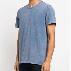 T-shirt en coton bleu délavé pour homme, manches courtes, coupe ample, col rond, jersey décontracté vintage, respirant, couleur unie - Product Image 3