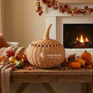Handwoven Wicker Pumpkin <b>Lantern</b> Natural <b>Rattan</b> Hanging Shade Rustic Fall Decoration for Halloween and Thanksgiving - Product Image 4
