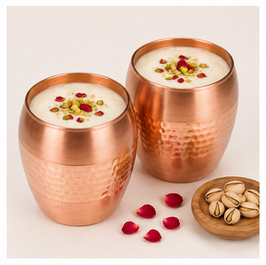 Pure <b>Copper</b> Tumbler Set of 2 Dholak Shaped Hammered Glasses for Ayurvedic Wellness and Natural Immunity Support - Product Image 4