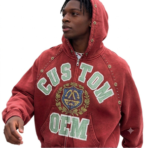 Custom OEM Embroidered Zip-Up <b>Hoodie</b> Men's Oversized Fleece Sweatshirt <b>Red</b> Letter Design Front Logo Autumn Style - Product Image 6