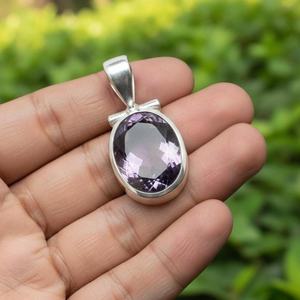 Natural Amethyst Oval Cut Bezel Setting Rhodium Plated 925 Sterling Silver Luxury Customized Women's Solitaire Pendant Necklace - Product Image 2