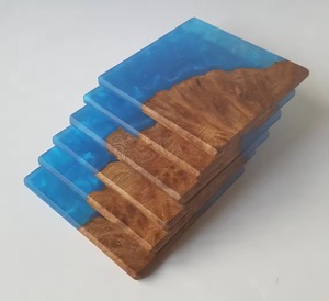 Modern Square Wood Resin Coaster With Blue Marbled Design Non-Slip <b>Mats</b> & Pads - Product Image 1