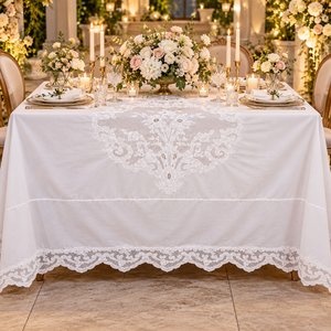 Mantel de Encaje Blanco de Lujo Bordado, Cubierta de Mesa Floral Vintage para Banquetes, Decoración Elegante para Bodas y Cenas Románticas - Product Image 1