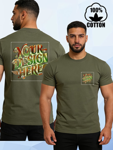Custom Men's Olive Green 100% Cotton Short Sleeve T-Shirt With Front Print Design O-Neck Casual Jersey Knitted Style - Product Image 1