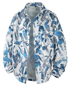 Chemise décontractée blanche moderne pour hommes – Motif éclaboussures bleu-gris, col montant, manches longues, légère, idéale pour le printemps - Product Image 1