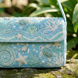 Light Blue, White, and <b>Green</b> Coastal Beaded Handbag, Sea Turtle & Starfish Under the Sea Shoulder Bag, Beach Theme <b>Purse</b> - Product Image 2
